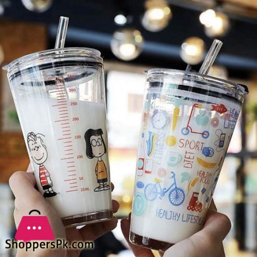 Korean Style Glass Tumbler Straw Cup 400ML High Quality Transparent with Cover Mug 