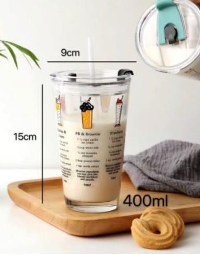Korean Style Glass Tumbler Straw Cup 400Ml High Quality Transparent With Cover Mug 