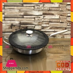 PYREX FRANCE STAINLESS STEEL WOK STIR FRY PAN WITH GLASS LID 32 - CM