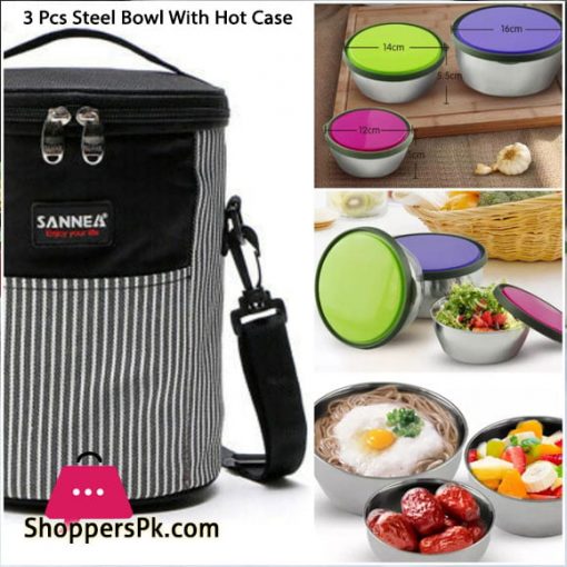 Portable Thermal Insulated Lunch Box Bag with 3 Steel Bowl