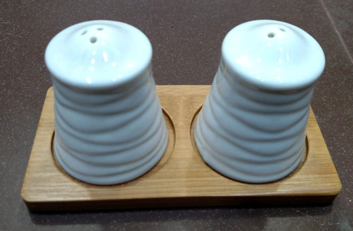 Salt Shaker And Pepper Grinder Ceramic Set With Wooden Tray