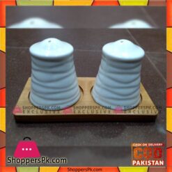 Salt Shaker and Pepper Grinder Ceramic Set with Wooden Tray