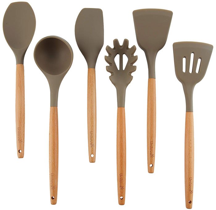 Uni-Love Home Kitchen Utensils Set 7 Piece Silicone Utensil Wood Cooking Utensils For Nonstick Cookware