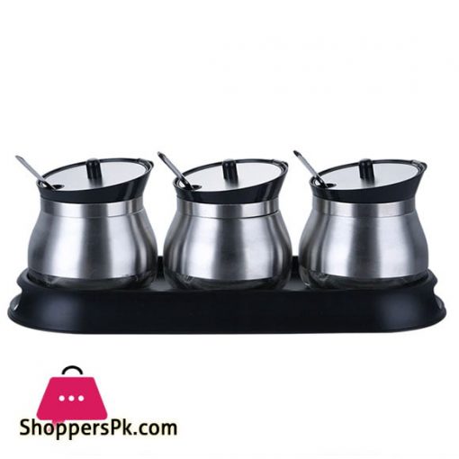 3pcs Stainless Steel Glass Kitchen Condiment Salt Sugar Herb Spice Canisters