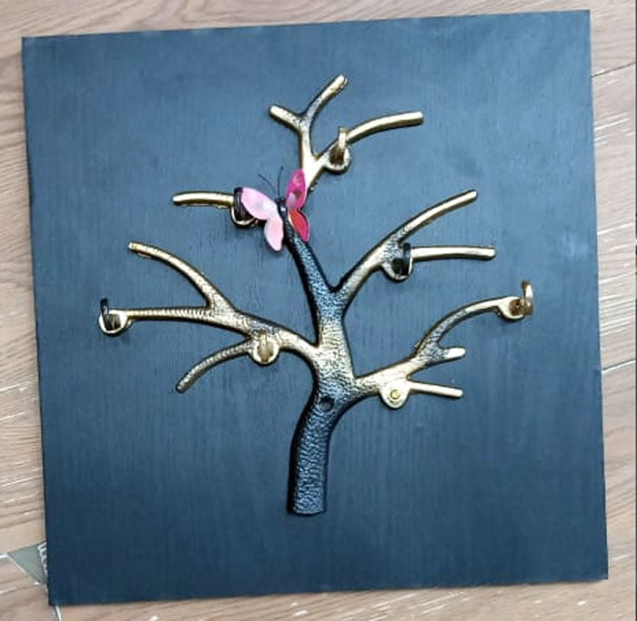 Wood Frame Metal Tree Key Holder 6 Hook With Butterfly