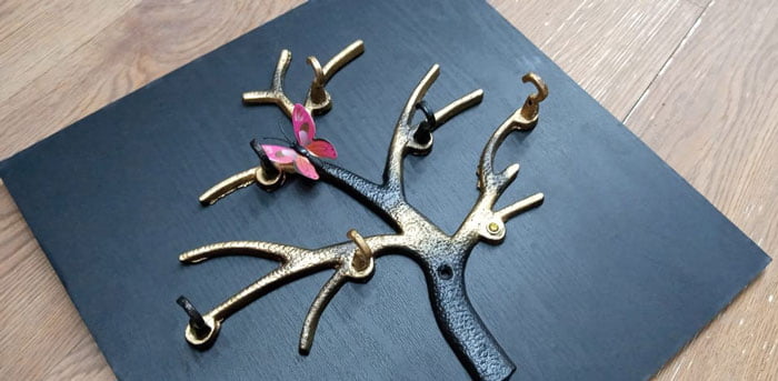 Wood Frame Metal Tree Key Holder 6 Hook With Butterfly