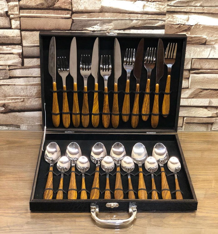 24 Pcs Oak Wood Hand Dinnerware Flatware Set Stainless Steel Steak Knife Fork Spoon Set