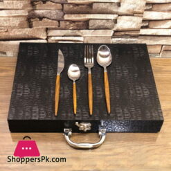 24 Pcs Oak Wood Hand Dinnerware Flatware Set Stainless steel Steak Knife Fork Spoon Set