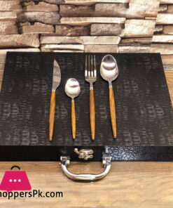24 Pcs Oak Wood Hand Dinnerware Flatware Set Stainless steel Steak Knife Fork Spoon Set