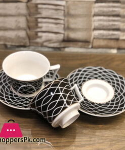 Ceramic Tea Cup Saucer Fine China Black & White Set of 12