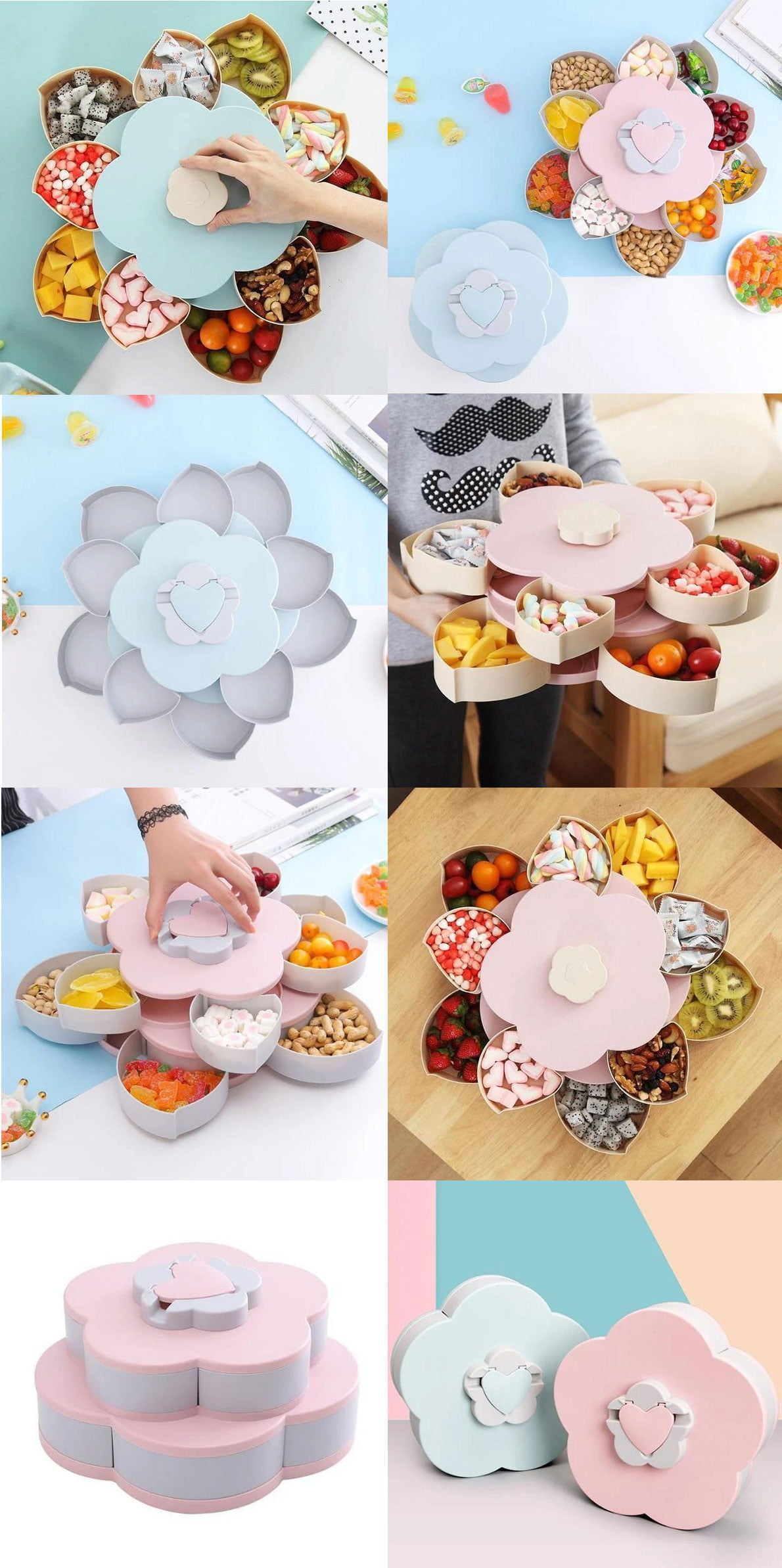 Creative Petal Rotating Fruit Container Seeds Snacks Nut Candy Storage Boxes Plastic Fruit Plate Two Layer
