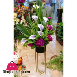 Home Deco Gold Metal Shelf Artificial Flower Arrangement With Pot