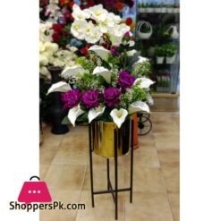 Home Deco Metal Shelf Artificial Flower Arrangement With Gold Pot
