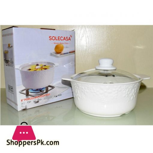 Solecasa Serving Dish With Glass Lid - Heat Proof - Ceramic - White Embossed