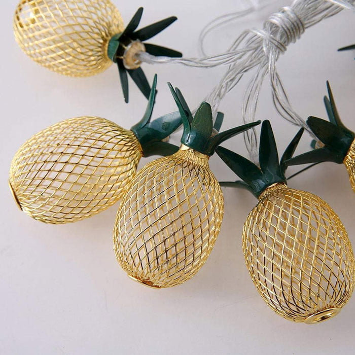 Battery Operated 12 Feet Pineapple Green Leaf Golden Metal Mesh Lantern 20 String Lights
