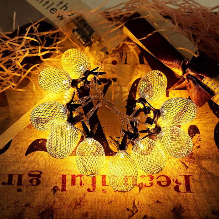 Battery Operated 12 Feet Pineapple Green Leaf Golden Metal Mesh Lantern 20 String Lights