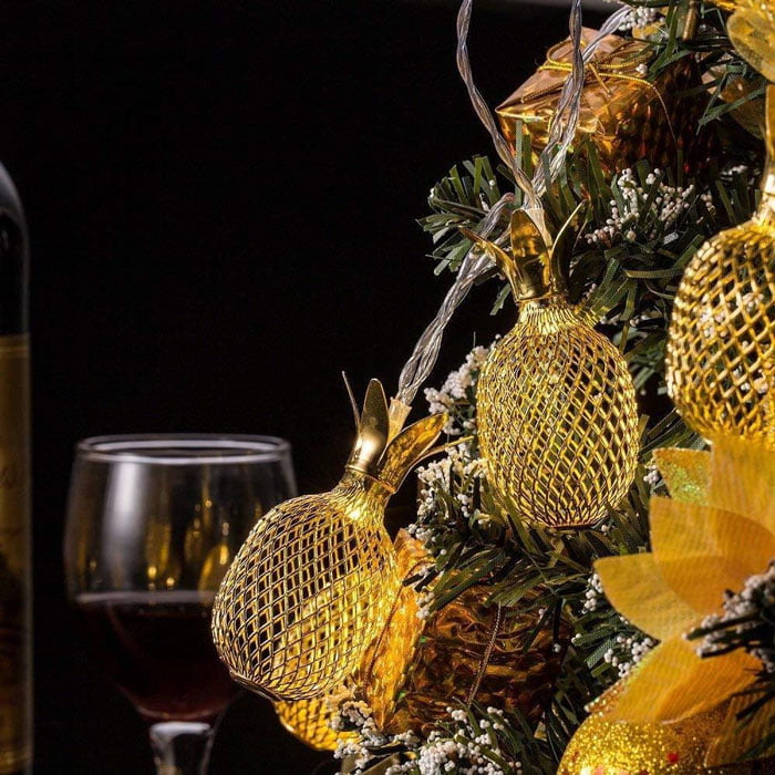 Battery Operated 12 Feet Pineapple Green Leaf Golden Metal Mesh Lantern 20 String Lights