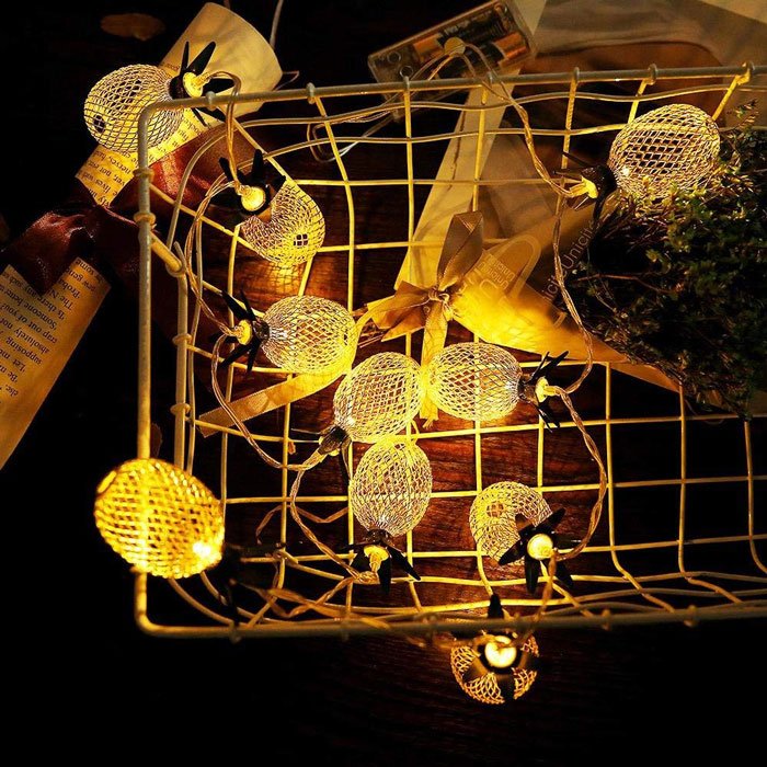 Battery Operated 12 Feet Pineapple Green Leaf Golden Metal Mesh Lantern 20 String Lights