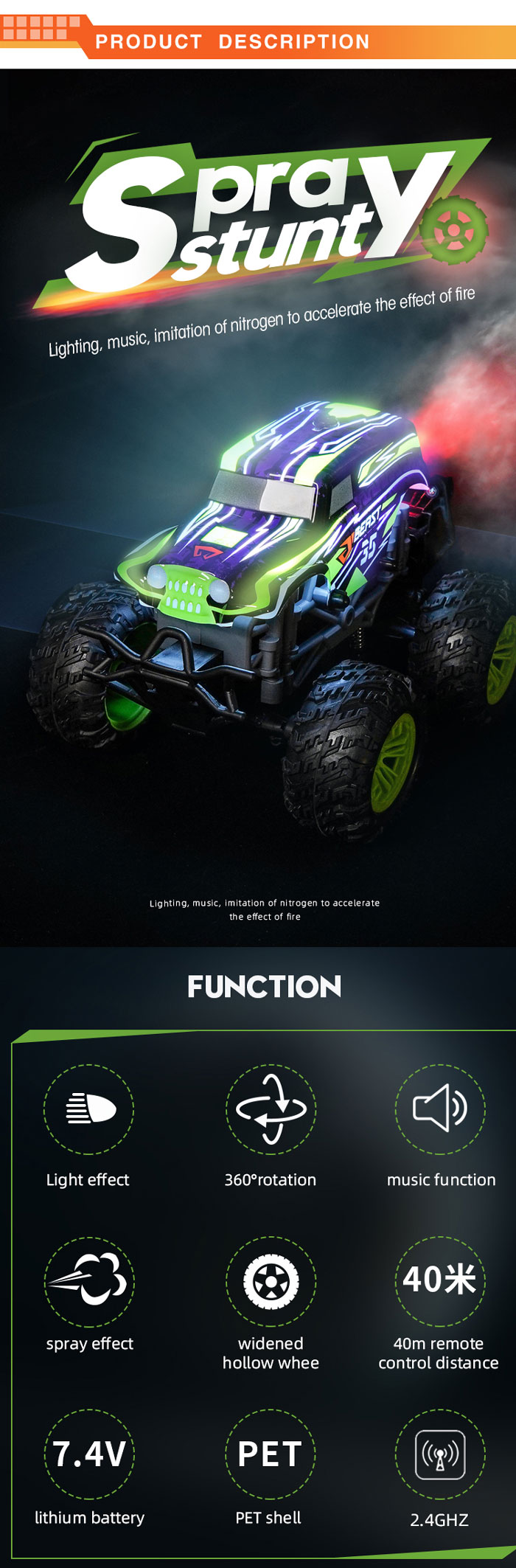 Colorful Multiple Cool Lighting Rc Race Cars 4X4 Toy Car Remot Control Rc With Music And Spray Effects