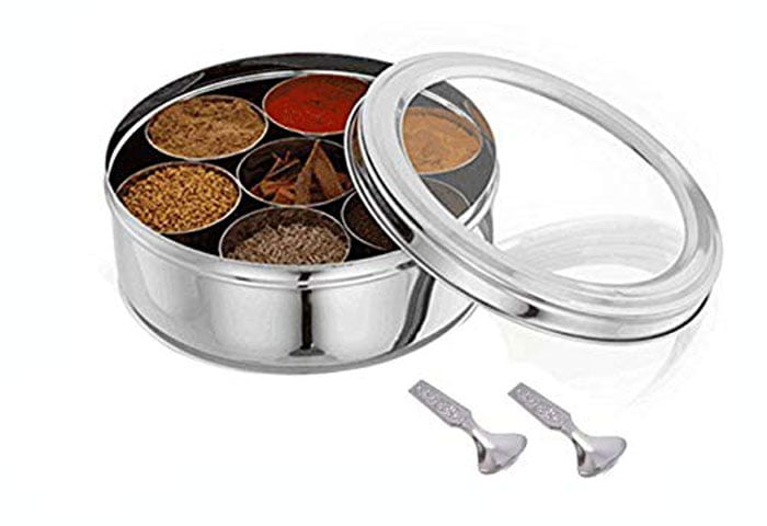 Stainless Steel Round Indian Spice Box Masala Dabba 09 Inch