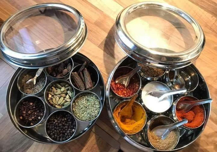 Stainless Steel Round Indian Spice Box Masala Dabba 09 Inch