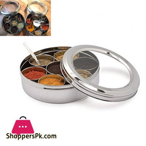 Stainless Steel Round Indian Spice Box Masala Dabba 08 Inch
