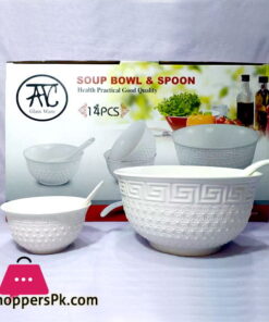 14 Pcs Ceramic Soup Set Of 1 Large Bowl & Spoon 6 Small Bowl & Spoons