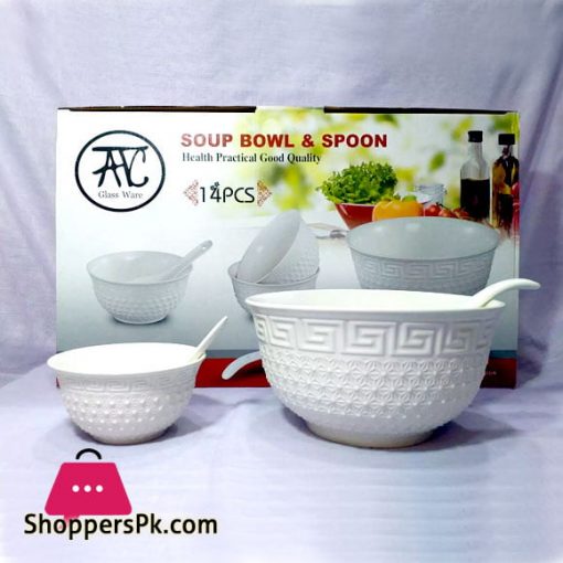 14 Pcs Ceramic Soup Set Of 1 Large Bowl & Spoon 6 Small Bowl & Spoons