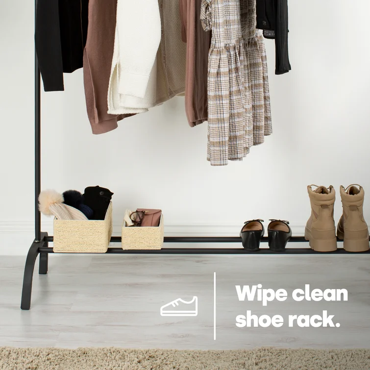 Heavy Duty Garment Racks Indoor Bedroom Clothing Hanger With Top Rod And Lower Storage Shelf 147 X110 X 41Cm - Black