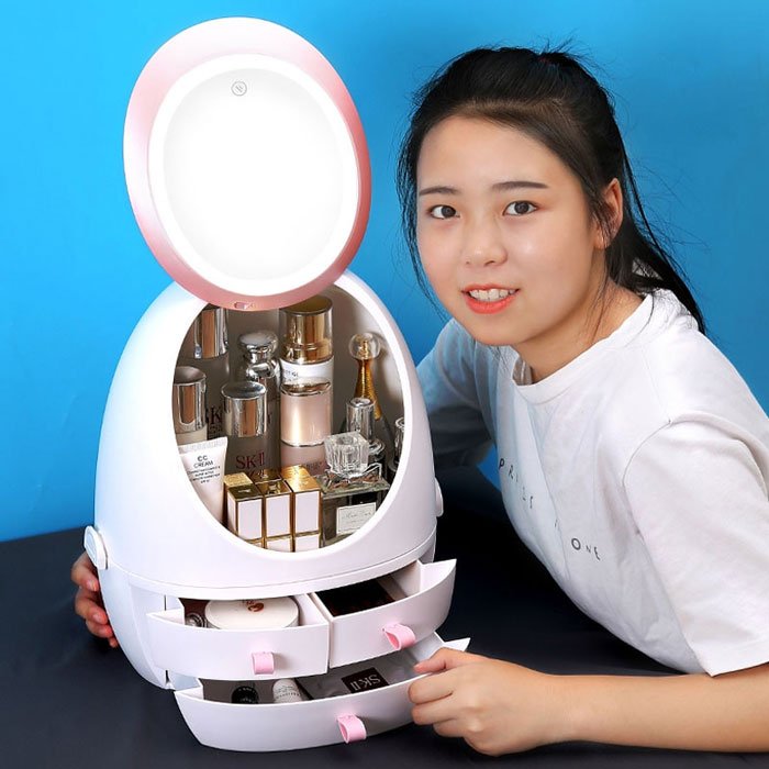 Led Hd Mirror Makeup Storage Box Cosmetic Organizer Case