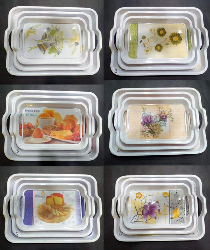 Melamine 3 Pcs Serving Handle Tray Set Rectangular With Printed Design