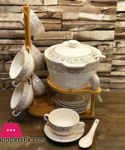 New Bone China Soup Set With Bamboo Stand Set of 21 - Ceramic