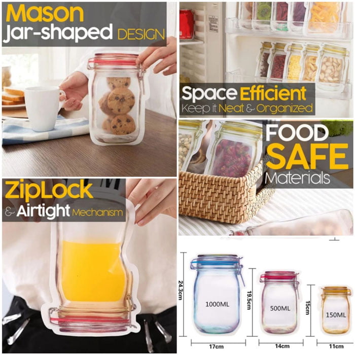 Reusable Mason Bottle Ziplock Bag Pack Of 3
