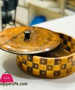 Wooden Brass Hand Crafted Work Wood Checked Hot Pot Roti Box 12 Inch