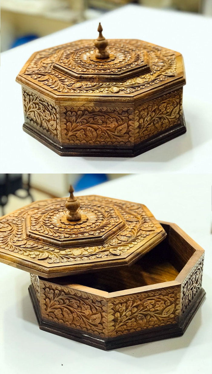 Wooden Hand Crafted Carved Work Hot Pot Roti Box 12 Inch