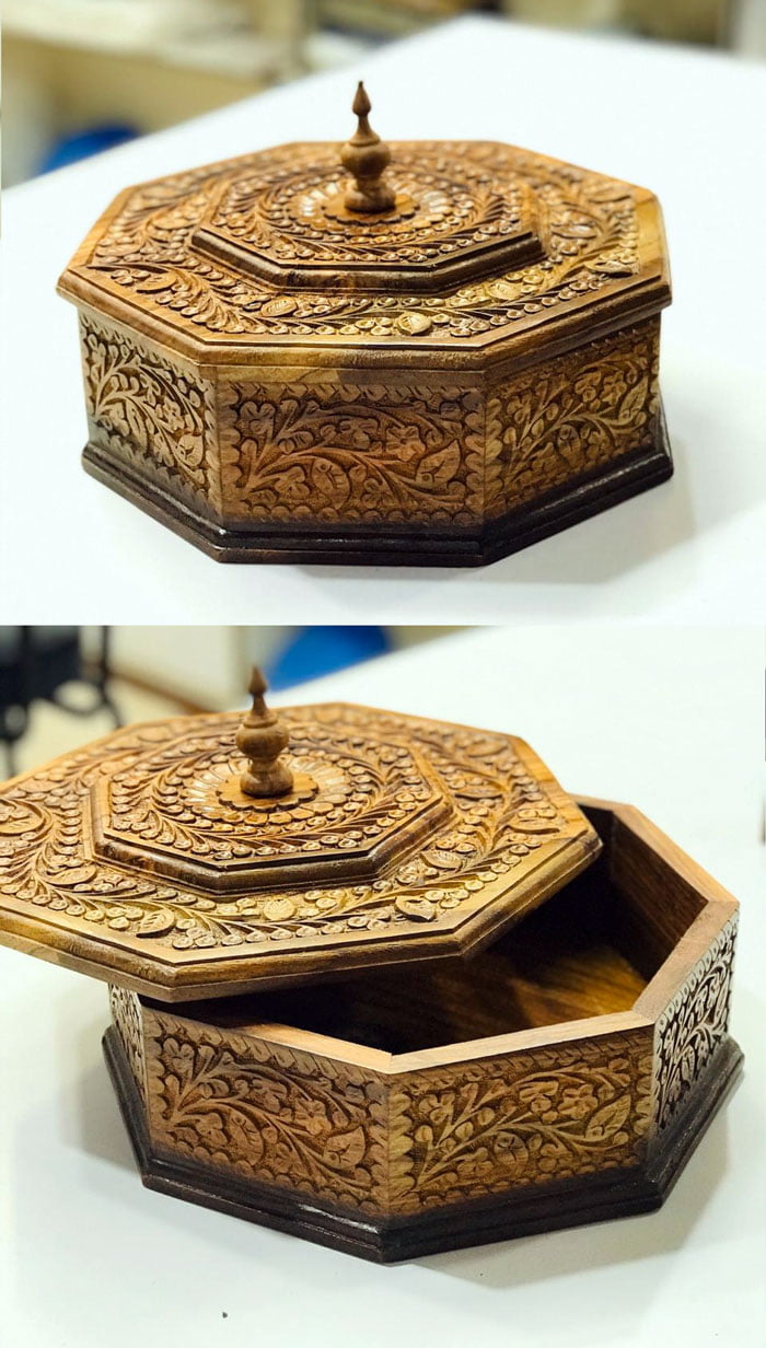 Wooden Hand Crafted Carved Work Hot Pot Roti Box 12 Inch