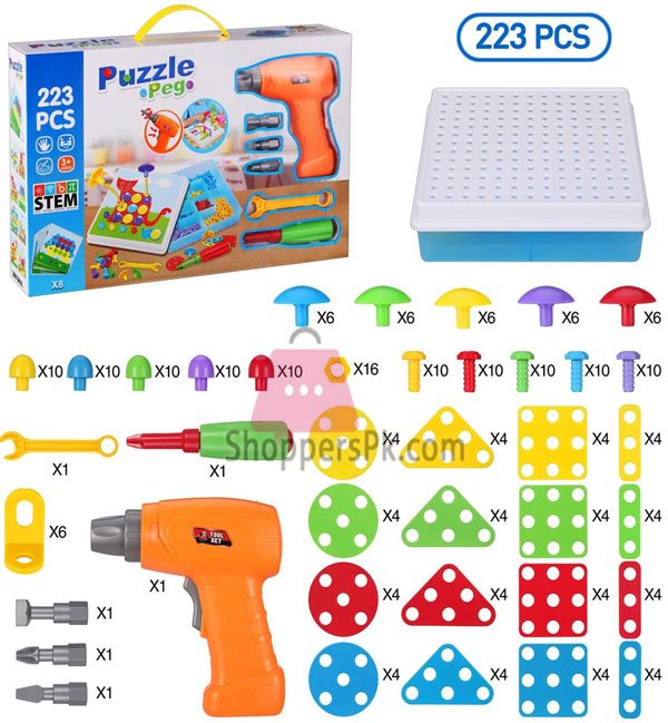 Electric Drill &Amp; Screw Driver Tool Set Mosaic Puzzles Peg 223 Pieces