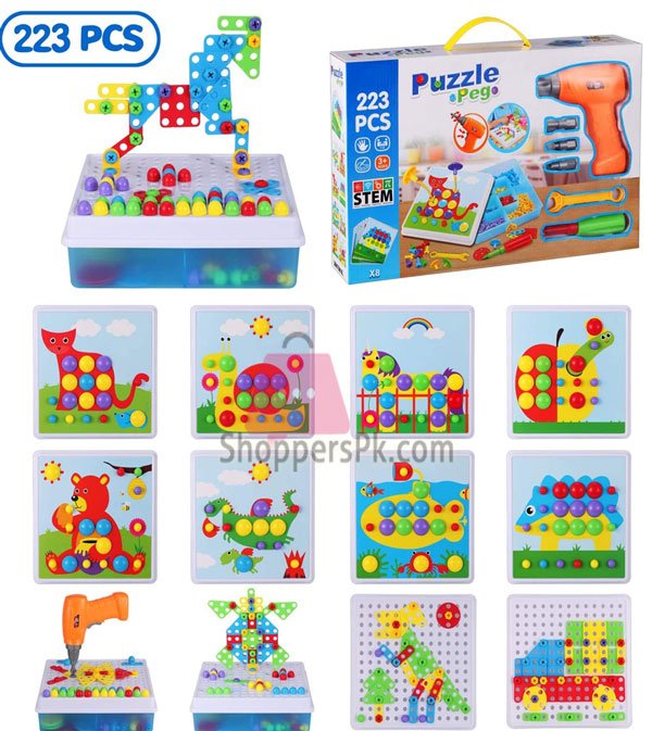 Electric Drill &Amp; Screw Driver Tool Set Mosaic Puzzles Peg 223 Pieces
