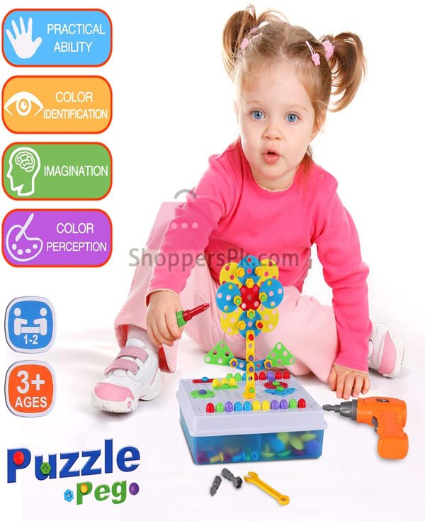 Electric Drill &Amp; Screw Driver Tool Set Mosaic Puzzles Peg 223 Pieces