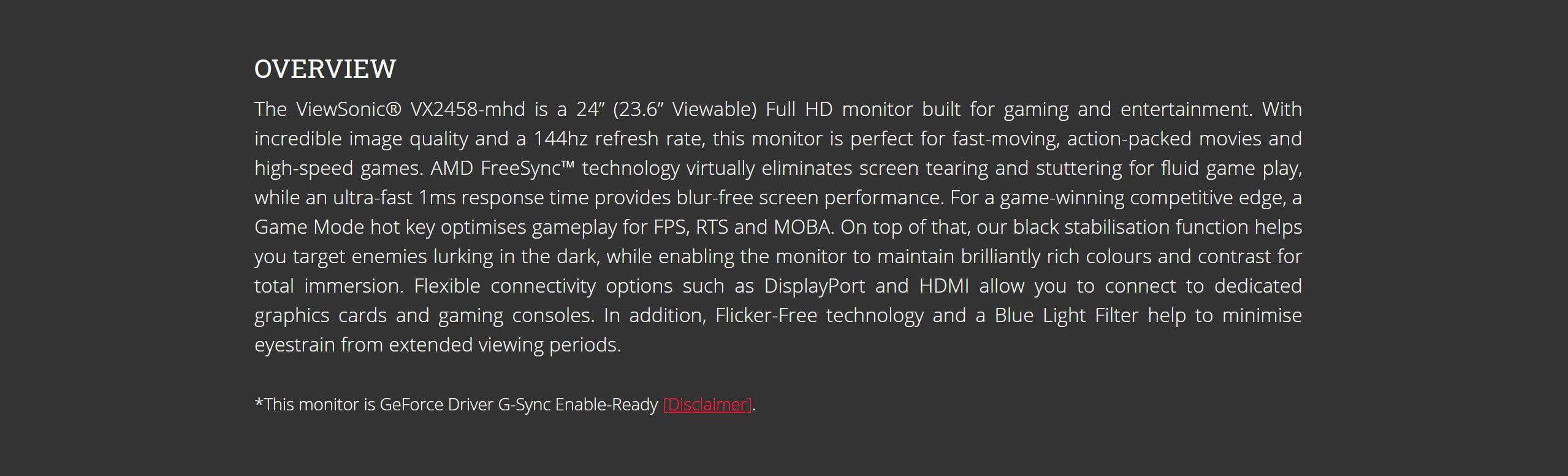 ViewSonic VX2458-mhd 24″ LED Display, TN Panel FHD, 23.6” Viewable, 144HZ Refresh Rate – New