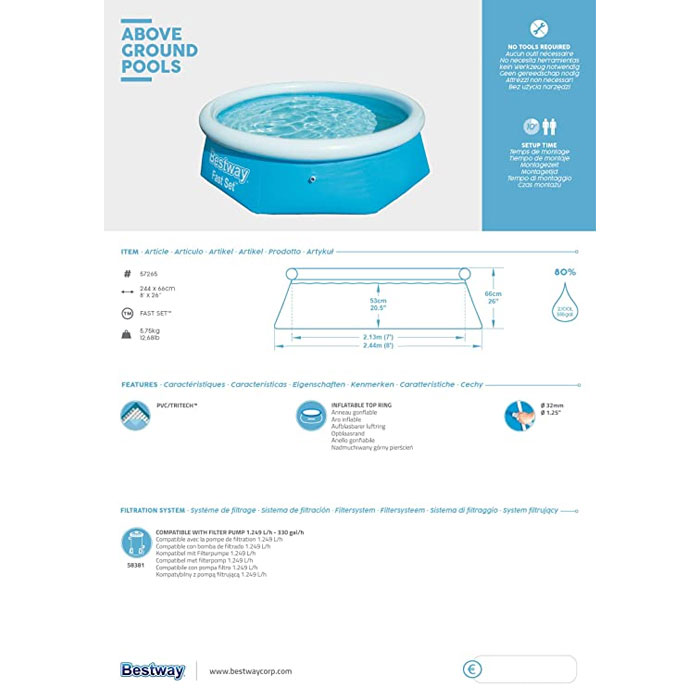 Bestway Fast Set Family Swimming Pool 8 Feet X 26 Inch - 57265