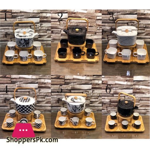 Ceramic Tea Set with Wooden Tray & Saucers