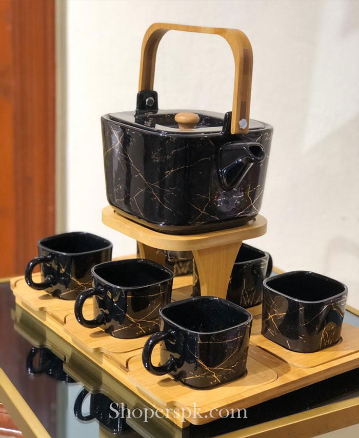 Ceramic Tea Set With Wooden Tray &Amp; Saucers