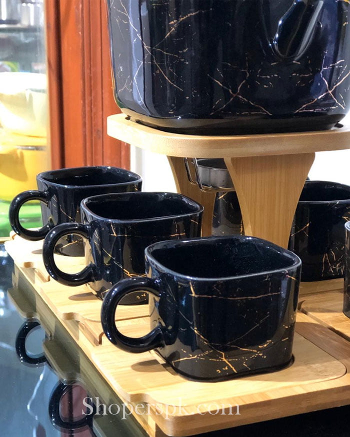Ceramic Tea Set With Wooden Tray &Amp; Saucers