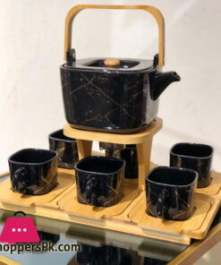 Ceramic Tea Set with Wooden Tray & Saucers