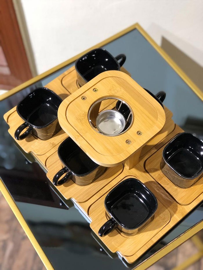 Ceramic Tea Set With Wooden Tray &Amp; Saucers