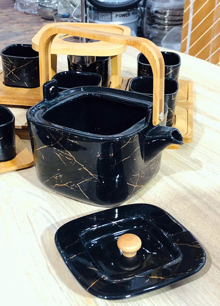 Ceramic Tea Set With Wooden Tray &Amp; Saucers