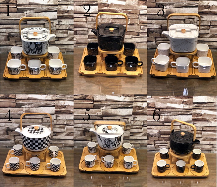 Ceramic Tea Set With Wooden Tray &Amp; Saucers
