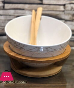 Salad Bowl With A Bamboo Stand Set Round White