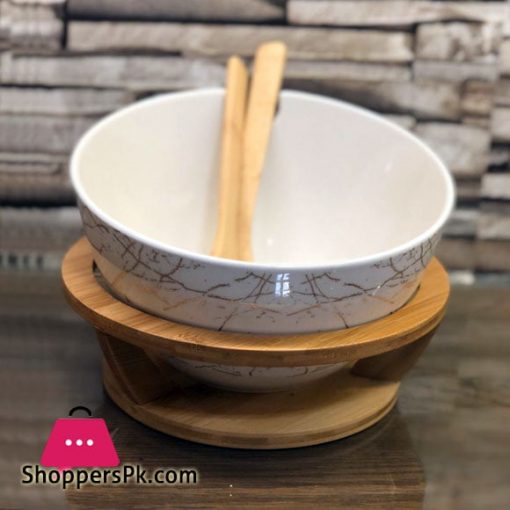 Salad Bowl With A Bamboo Stand Set Round White